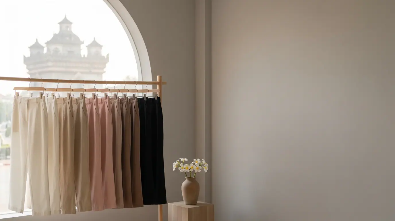 Straight-leg trousers in ivory, sand, blush, mocha and black on a rail, with Patuxay visible through the window