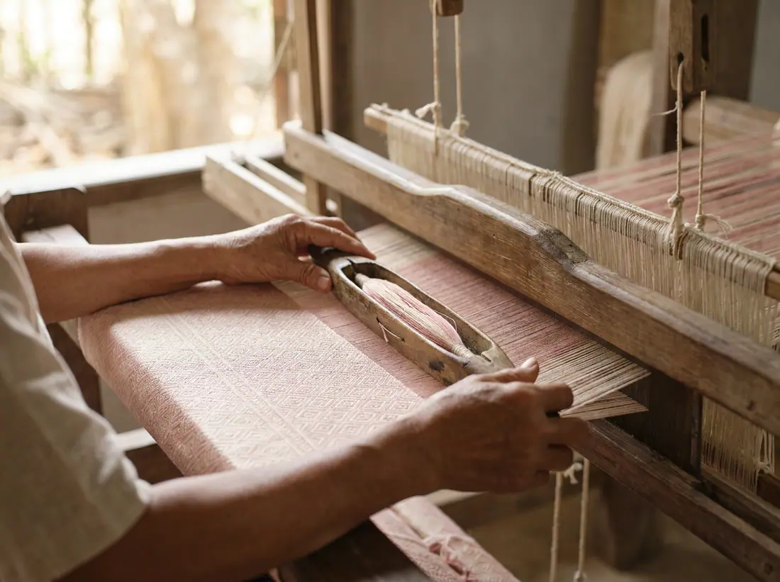 Hands weaving pink silk on a traditional Lao loom