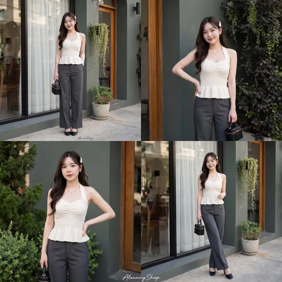 Charcoal straight-leg trousers with a white halter top