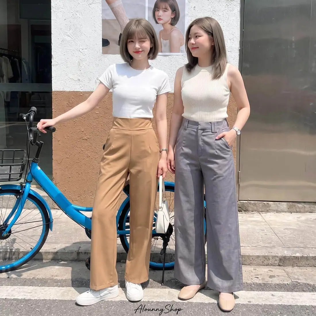 Camel and grey trousers worn by two models