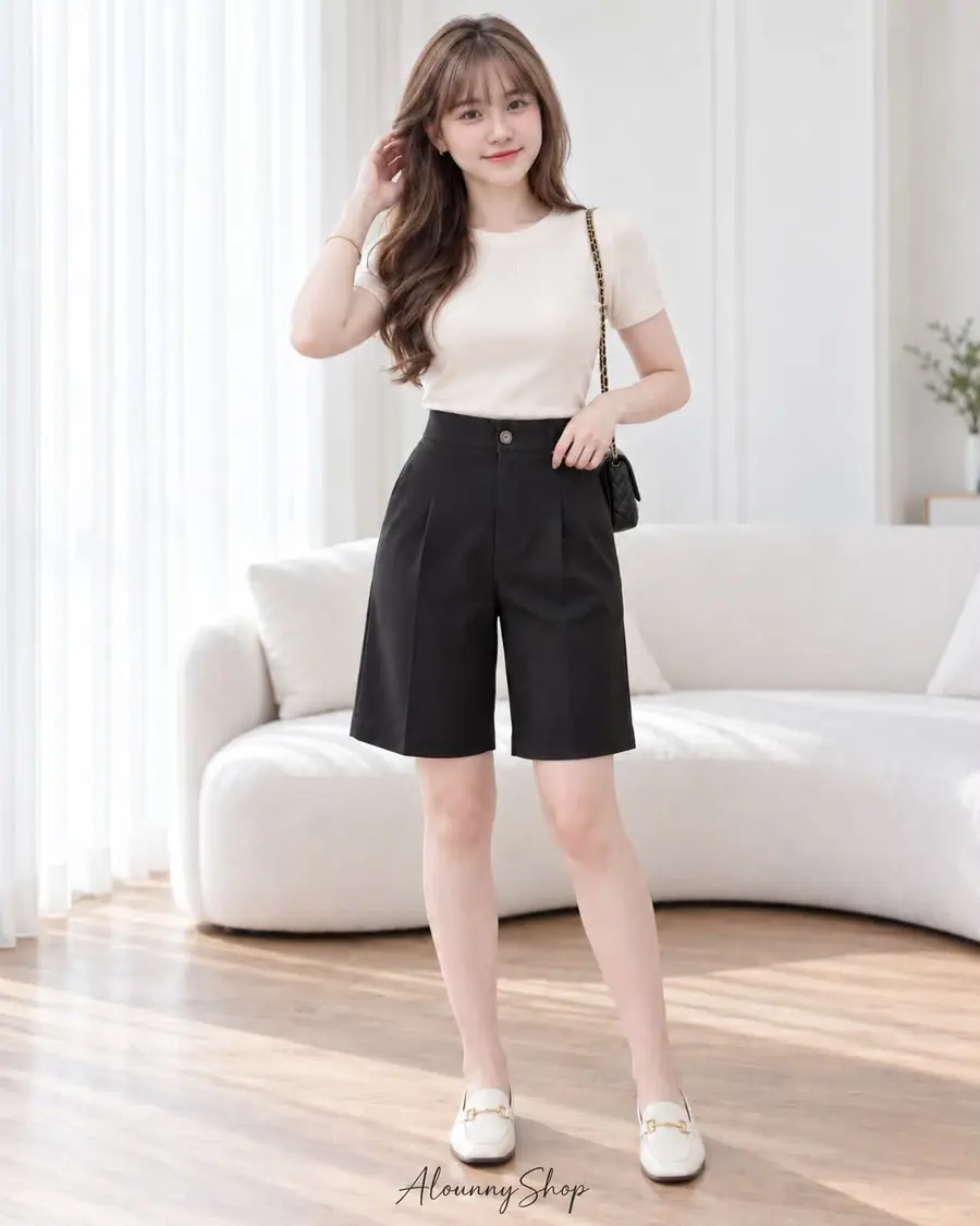 Black knee shorts with a cream knit top