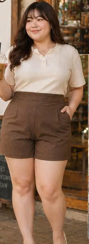 Plus-size model in brown high-waist knee shorts