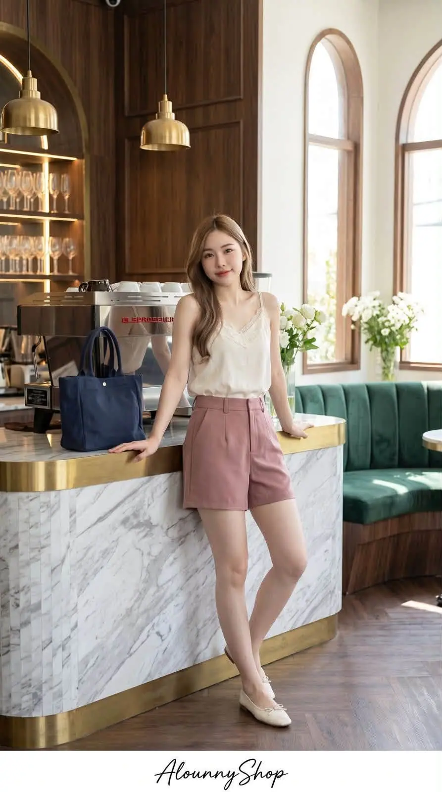 Rose knee shorts with a cream camisole