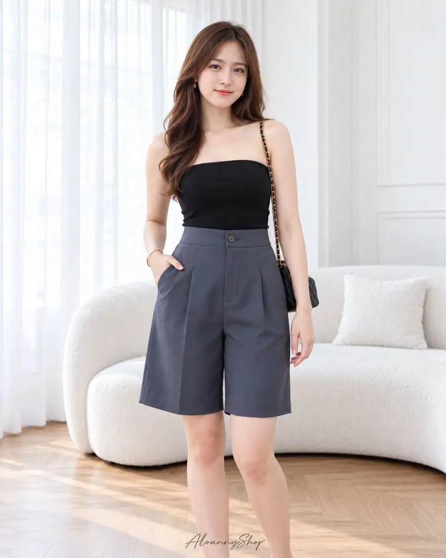 Slate knee shorts with a black top